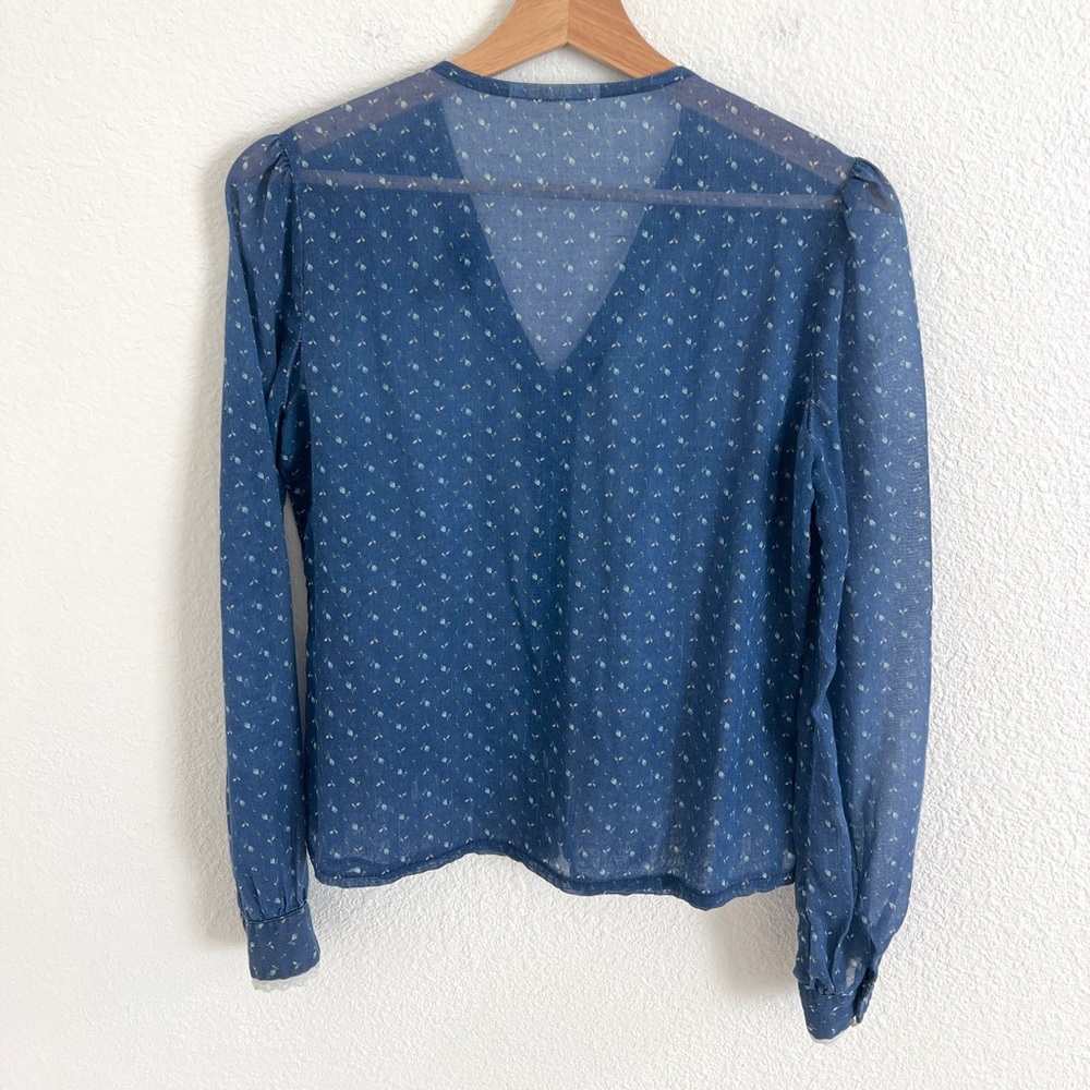 VINTAGE prairie thin blue floral lace collar blouse / size S - Picture 5 of 5